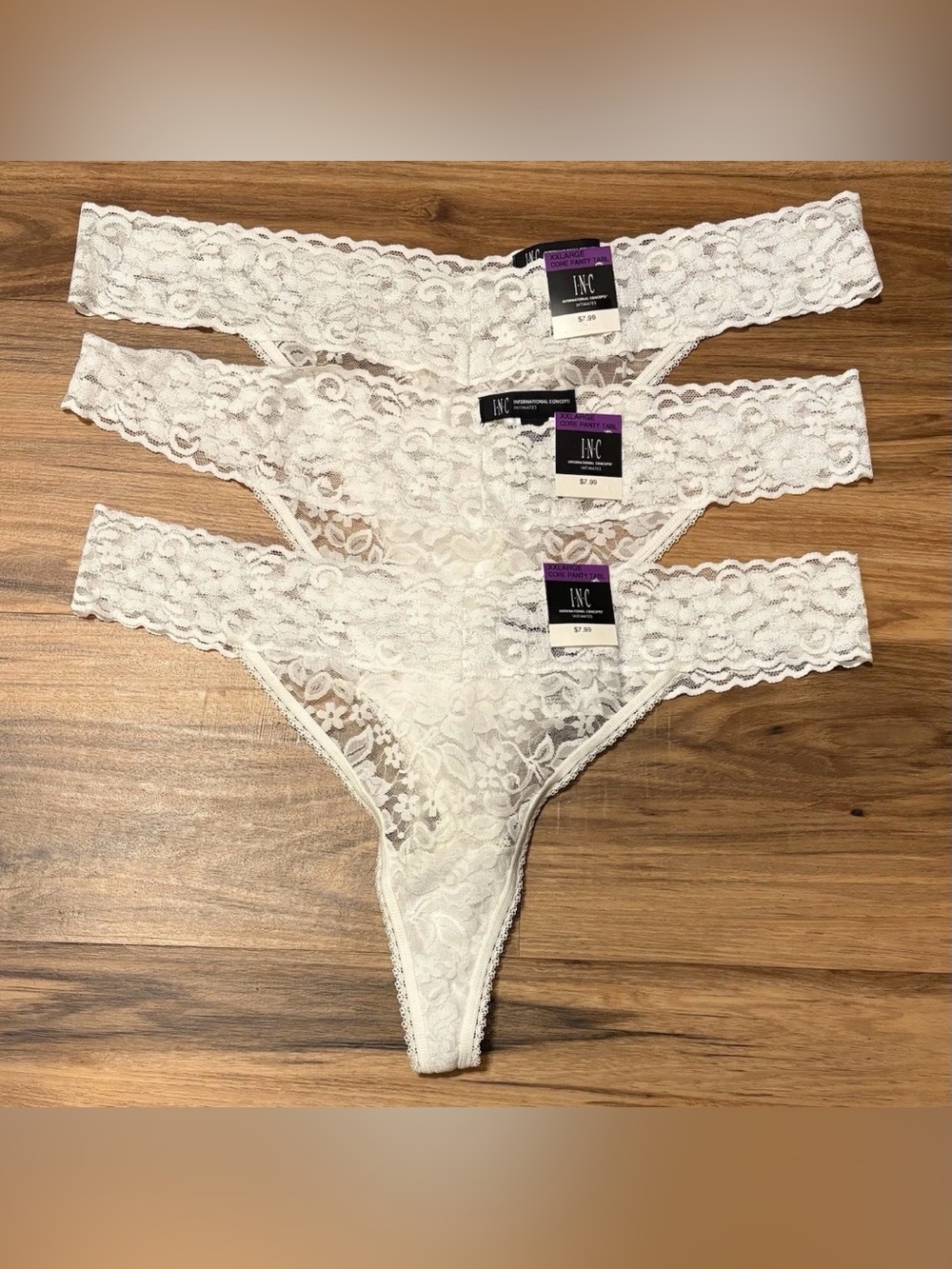INC  international concepts Plus Lace Thongs 3 Pair, Washed White, Size XXL, $24